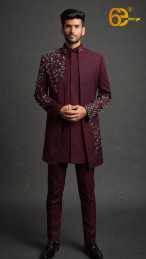 Maroon Open Jacket Indo Western with Hand Embroidery