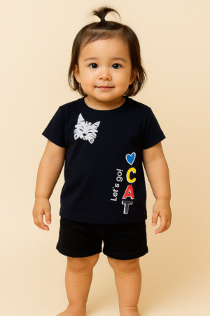 Kids Cute Cat Print Round Neck T-Shirt