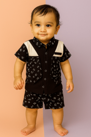 Printed Navy Blue & Black Half-Sleeve Shirt with Matching Shorts – Kids Casual Set